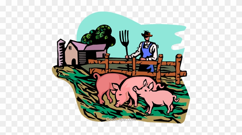 Farm Life Illustration - Pigs, Farmer, and Barn Scene