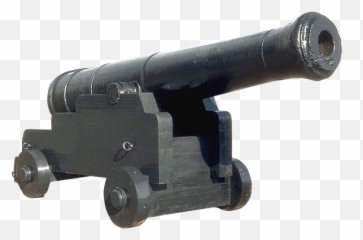 Black wrought-iron cannon mounted on a two-wheeled wooden carriage, displayed against transparent background.