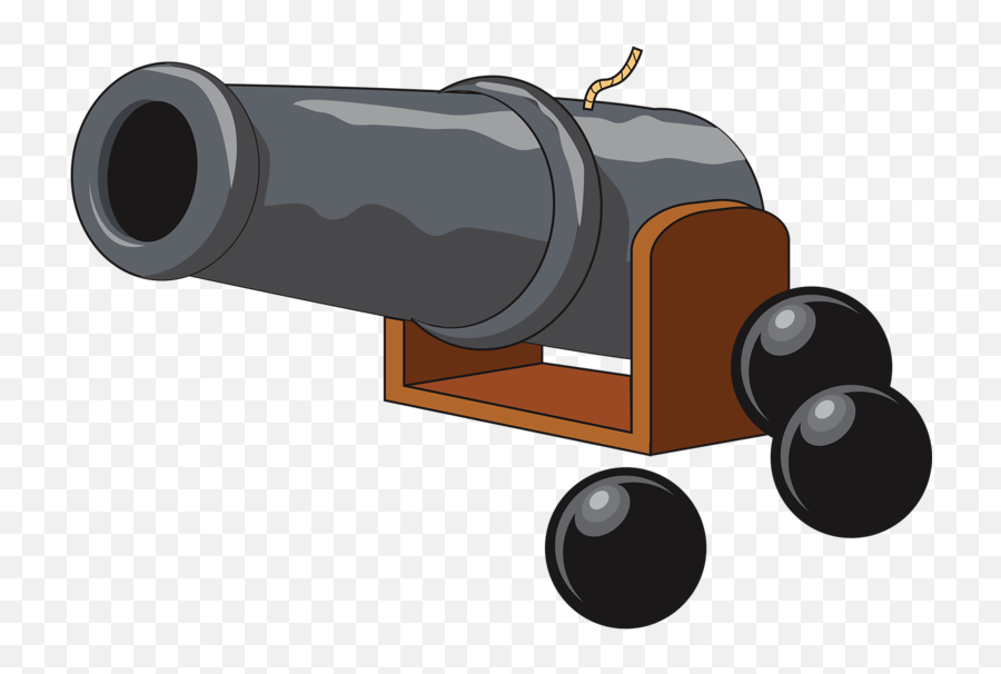 Cartoon-style cannon on wooden carriage with three cannonballs and a lit fuse.