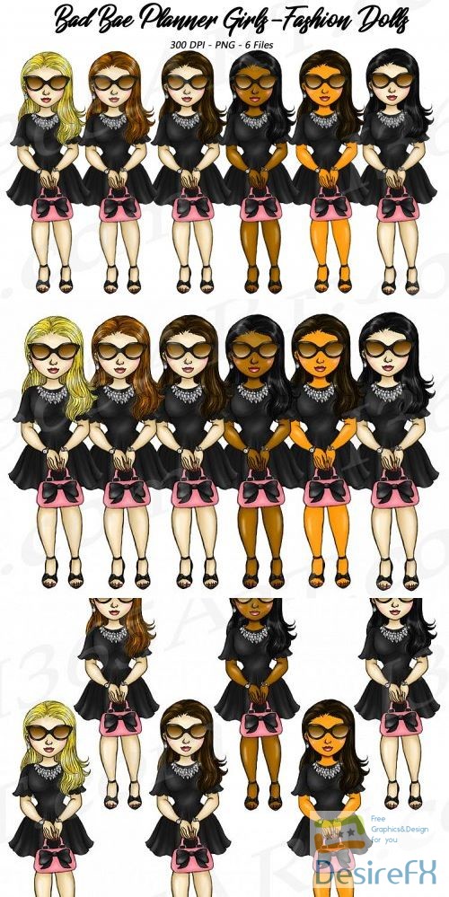 Six diverse fashion doll illustrations in black dresses, pink handbags, and sunglasses-styled as "Bad Bae Planner Girls".