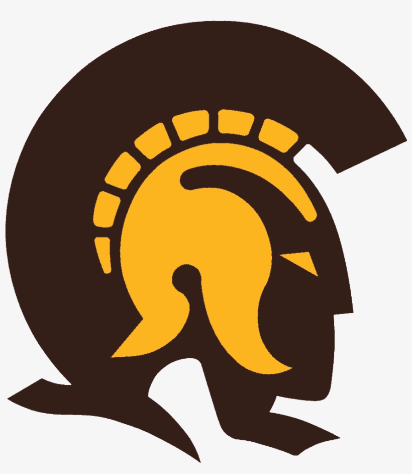 Stylized Spartan helmet logo in brown and gold, side-profile with crest and plume.