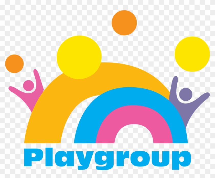 Colorful Playgroup logo with rainbow arches, joyful stick figures, and floating circles; text "Playgroup" in blue below.