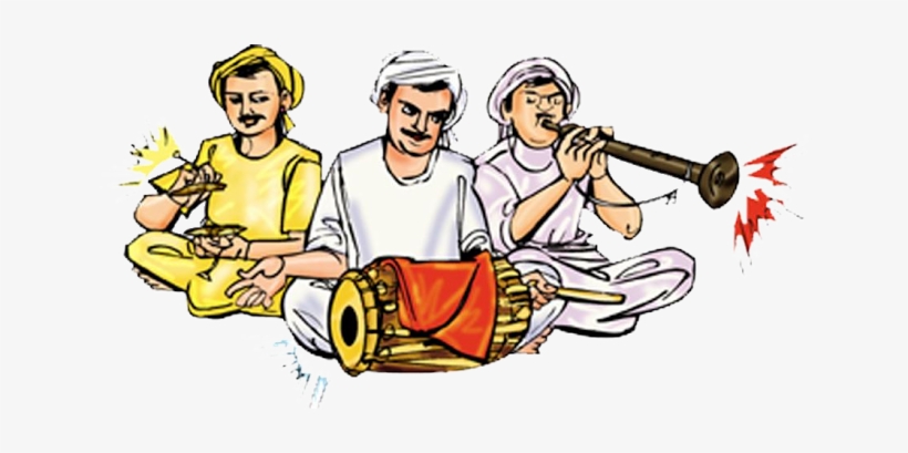 Three traditional Indian musicians playing shehnai, dholak, and cymbals in seated performance pose.