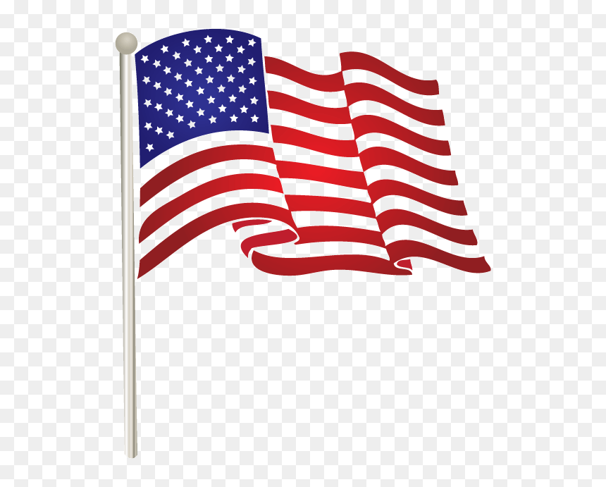 Waving American flag on a flagpole against transparent background, with stars and stripes in classic red, white, and blue.