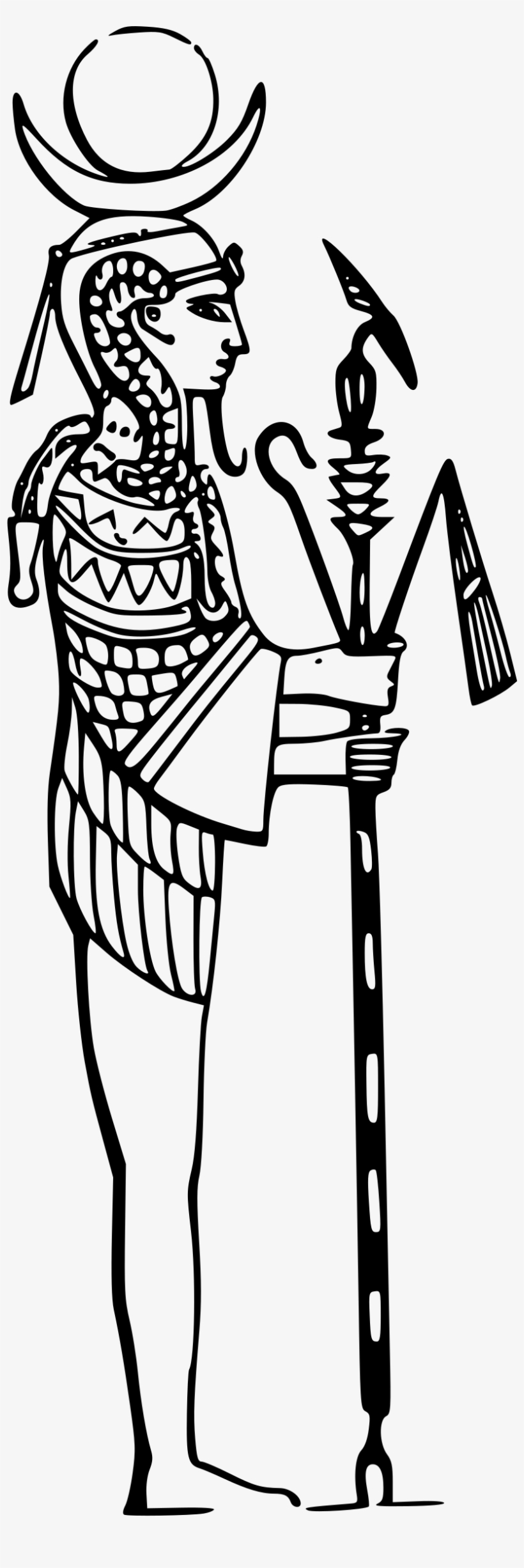 Ancient Egyptian deity with lunar crown, holding crook and flail, wearing ornate kilt and headdress.