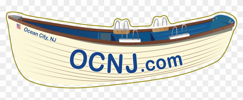 Illustrated wooden boat with "OCNJ.com" and "Ocean City, NJ" branding, featuring blue interior and American flag.
