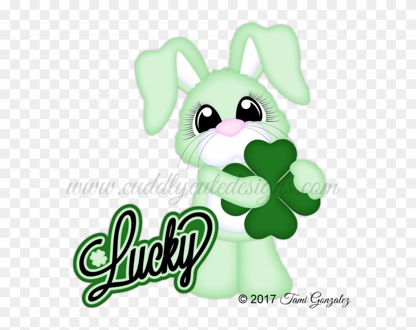 Cute mint-green bunny holding a four-leaf clover with "Lucky" text, St. Patrick’s Day themed illustration.