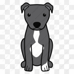 Gray and white cartoon pit bull sitting upright with expressive eyes and perked ears.