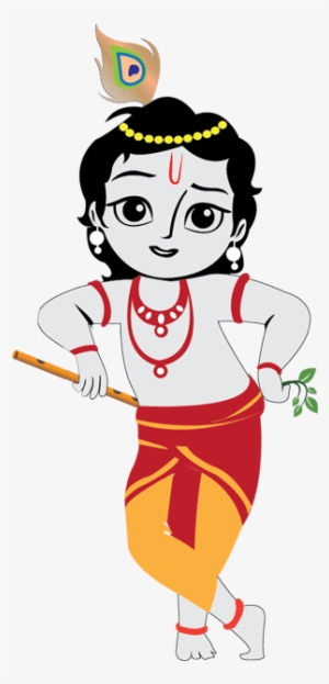 Cartoon illustration of young Lord Krishna with peacock feather, flute, and traditional attire.