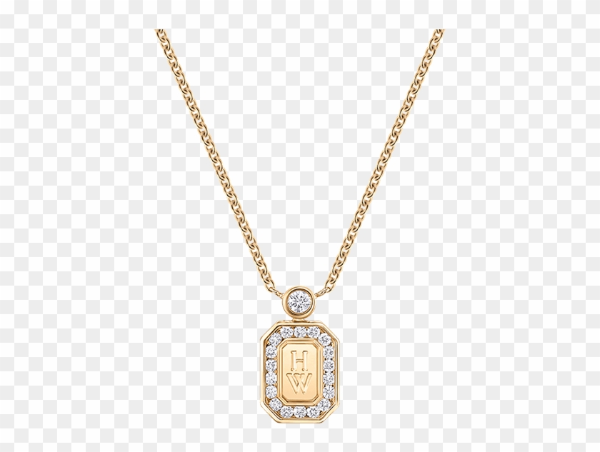 Gold octagonal pendant necklace with "H W" monogram, diamond halo, and single diamond bail on a fine chain.