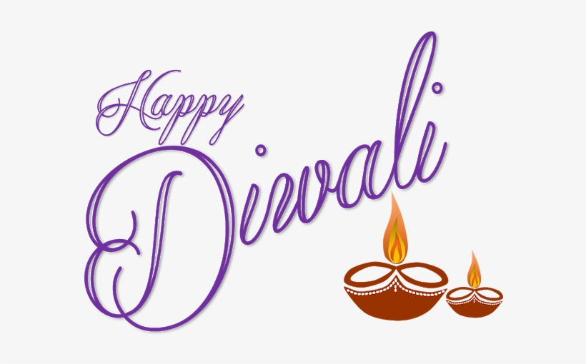 Purple "Happy Diwali" script with two lit oil lamps (diyas) on white background.