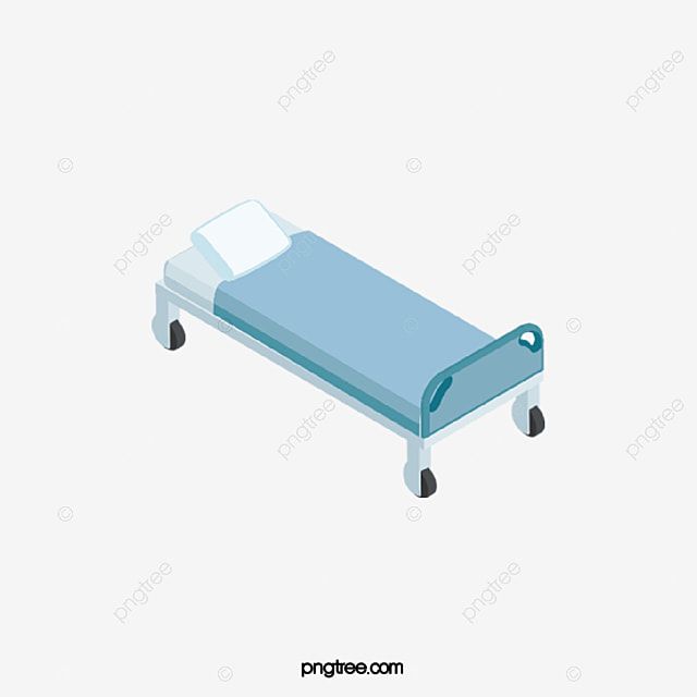 Isometric illustration of a hospital bed with blue mattress, white pillow, and wheels on light background.