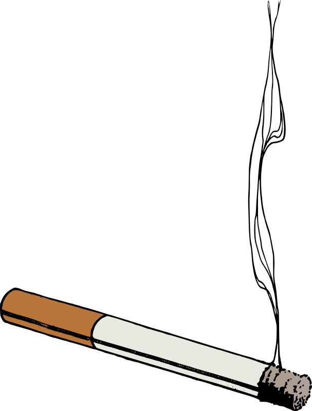 A hand-drawn illustration of a lit cigarette with ash at the tip, set against a black background.