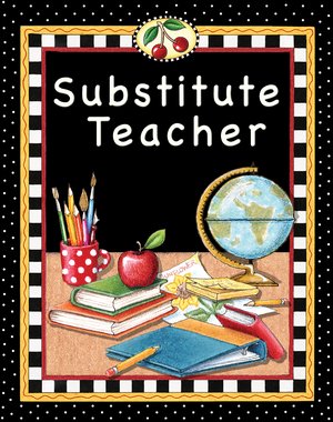 Illustration of a substitute teacher’s desk with books, apple, globe, pencils, and notebook on a black-and-white checkered background.
