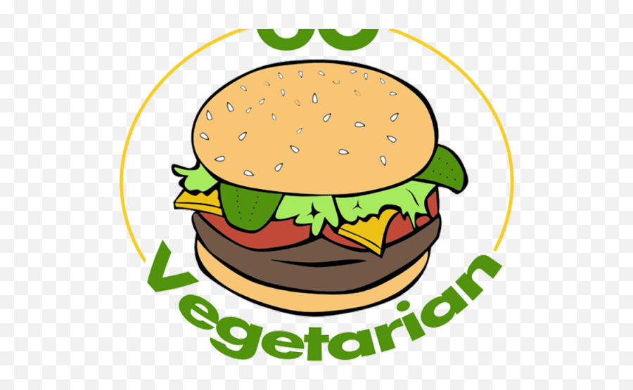 Cartoon-style vegetarian burger with lettuce, tomato, cheese, and sesame bun inside a green "Vegetarian" logo circle.