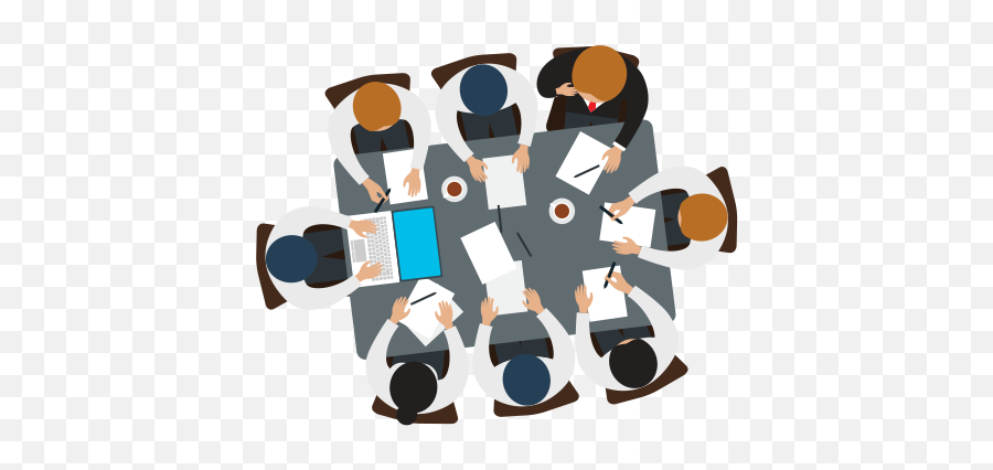 Top-down view of diverse professionals collaborating around a conference table with laptops, documents, and coffee cups.