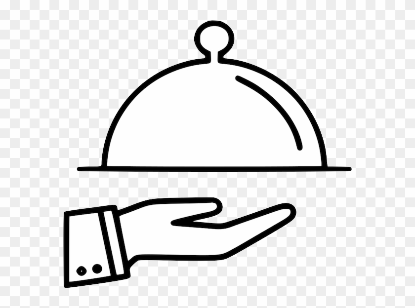 A hand in a formal sleeve presenting a covered food tray with a cloche dome.
