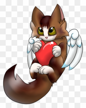 Brown angel cat with white wings hugging a red heart, expressive green eyes, cartoon style.