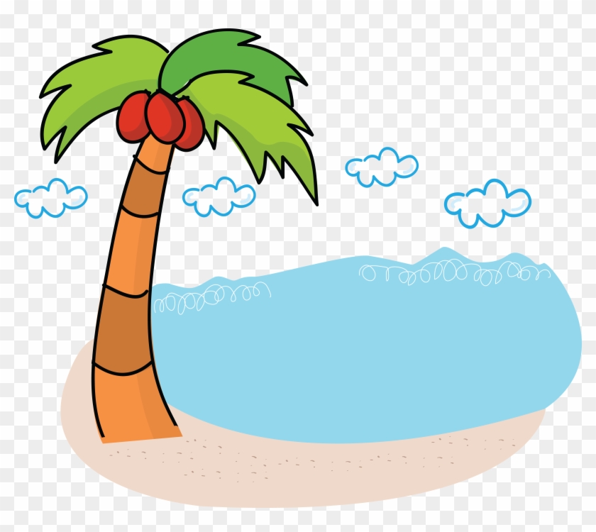 Cartoon palm tree with coconuts on sandy beach beside blue ocean and clouds.