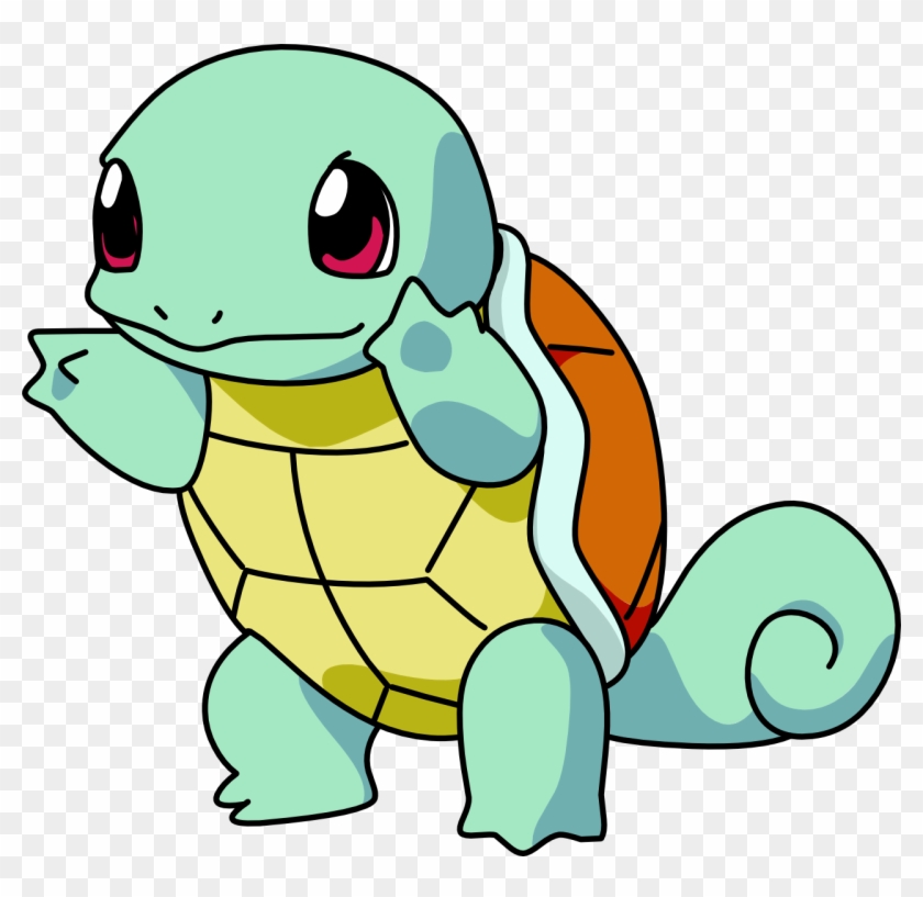 A cheerful cartoon Squirtle, Pokémon #007, waving with large red eyes and a yellow-orange shell on a transparent background.