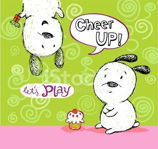Two cartoon dogs-one jumping with a "Cheer UP!" speech bubble, the other sitting glumly beside a cupcake-on a green swirly background.