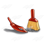 A red dustpan and yellow-bristled broom cleaning up scattered white papers on a dark surface.