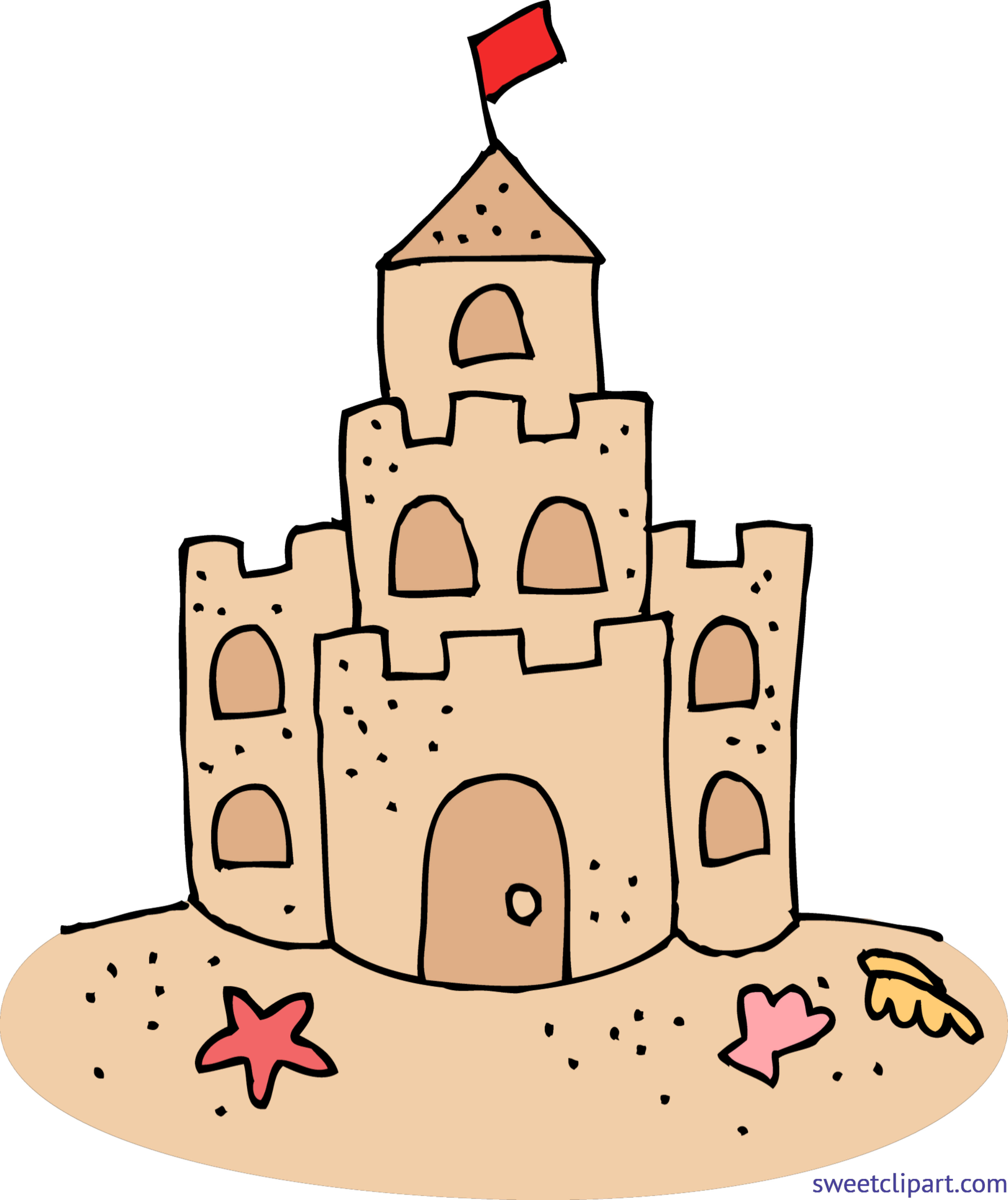 A cartoon-style sandcastle with a red flag, arched windows, and starfish on the beach.