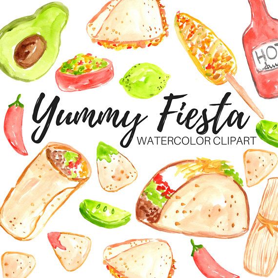Watercolor illustration of Mexican fiesta foods including tacos, burritos, avocado, chili peppers, and hot sauce.