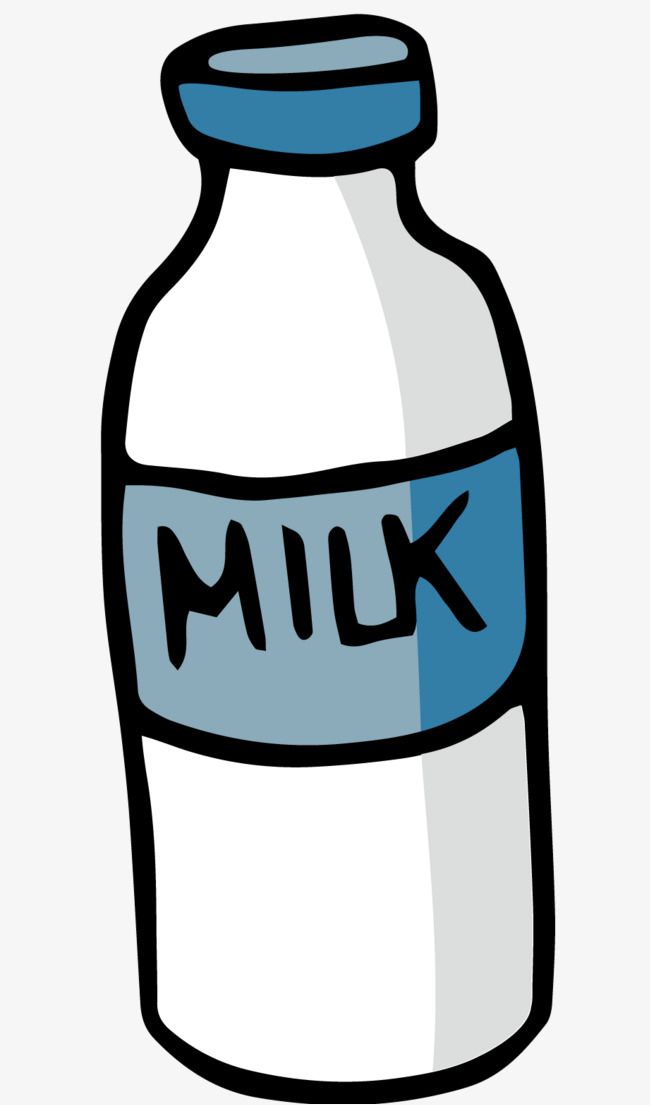 Hand-drawn cartoon milk bottle with blue cap and label reading "MILK"