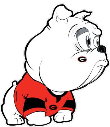 Georgia Bulldogs mascot bulldog in red jersey with black stripes and "G" logo, looking determined.
