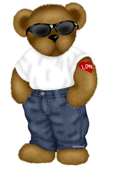 Stylish brown teddy bear wearing sunglasses, white tee with "LOVE" heart patch, and denim shorts.