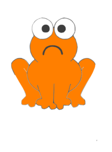 Sad orange cartoon frog with large white eyes and downturned mouth, sitting upright.