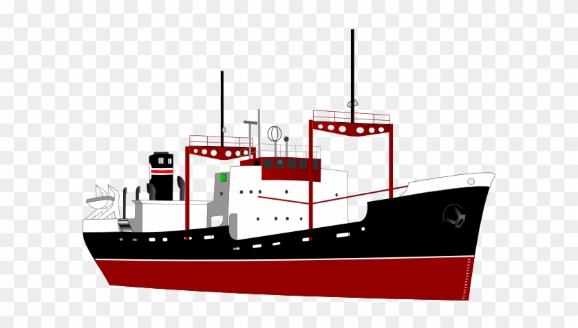 Stylized illustration of a red-and-black cargo ship with white superstructure and multiple decks, masts, and rigging.