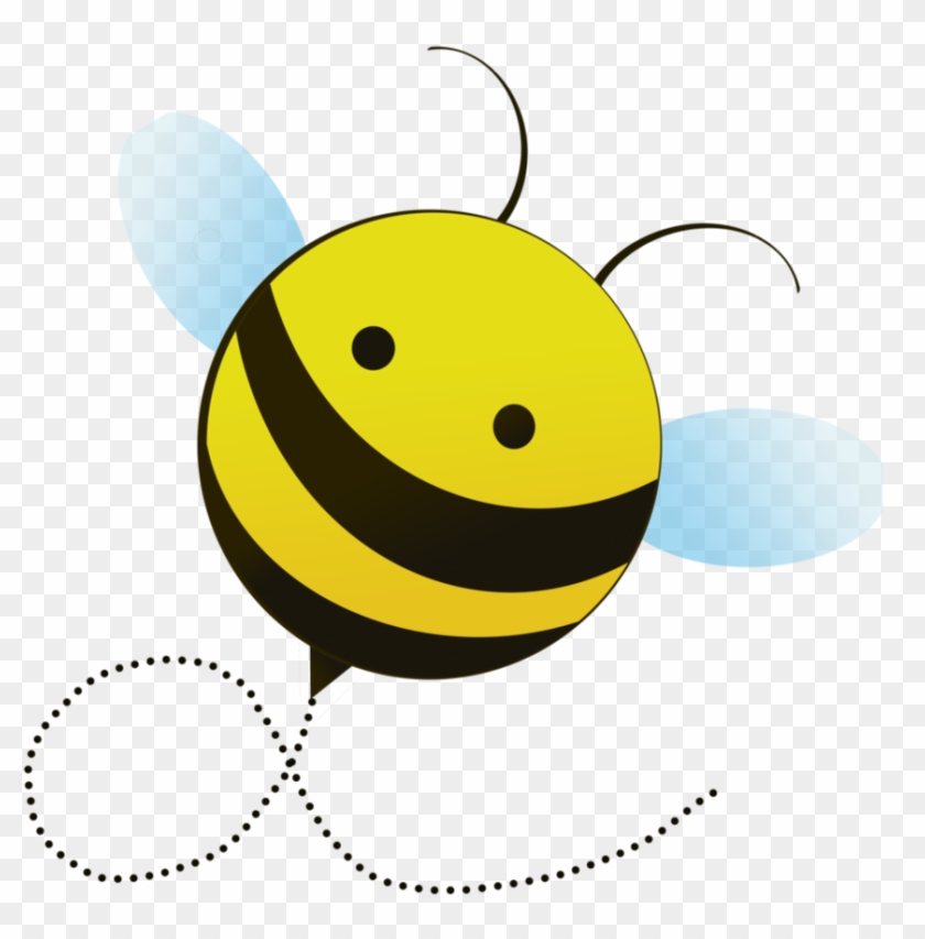 Cute cartoon bee with yellow and black stripes, translucent blue wings, and a dotted flight path trail.