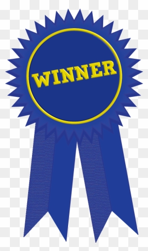 Blue winner ribbon with yellow "WINNER" text and starburst border on transparent background.