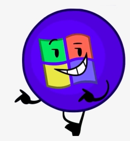 A smiling, anthropomorphic Windows logo character inside a purple circle, with arms and legs, in cartoon style.