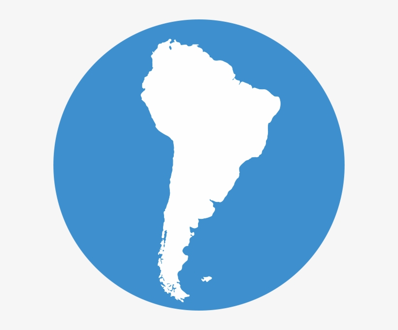 White silhouette of South America continent inside a blue circular background.