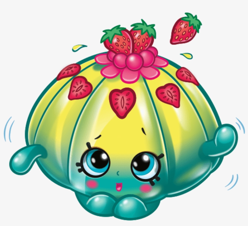 A cute, animated jelly dessert character with strawberries on top and expressive blue eyes.