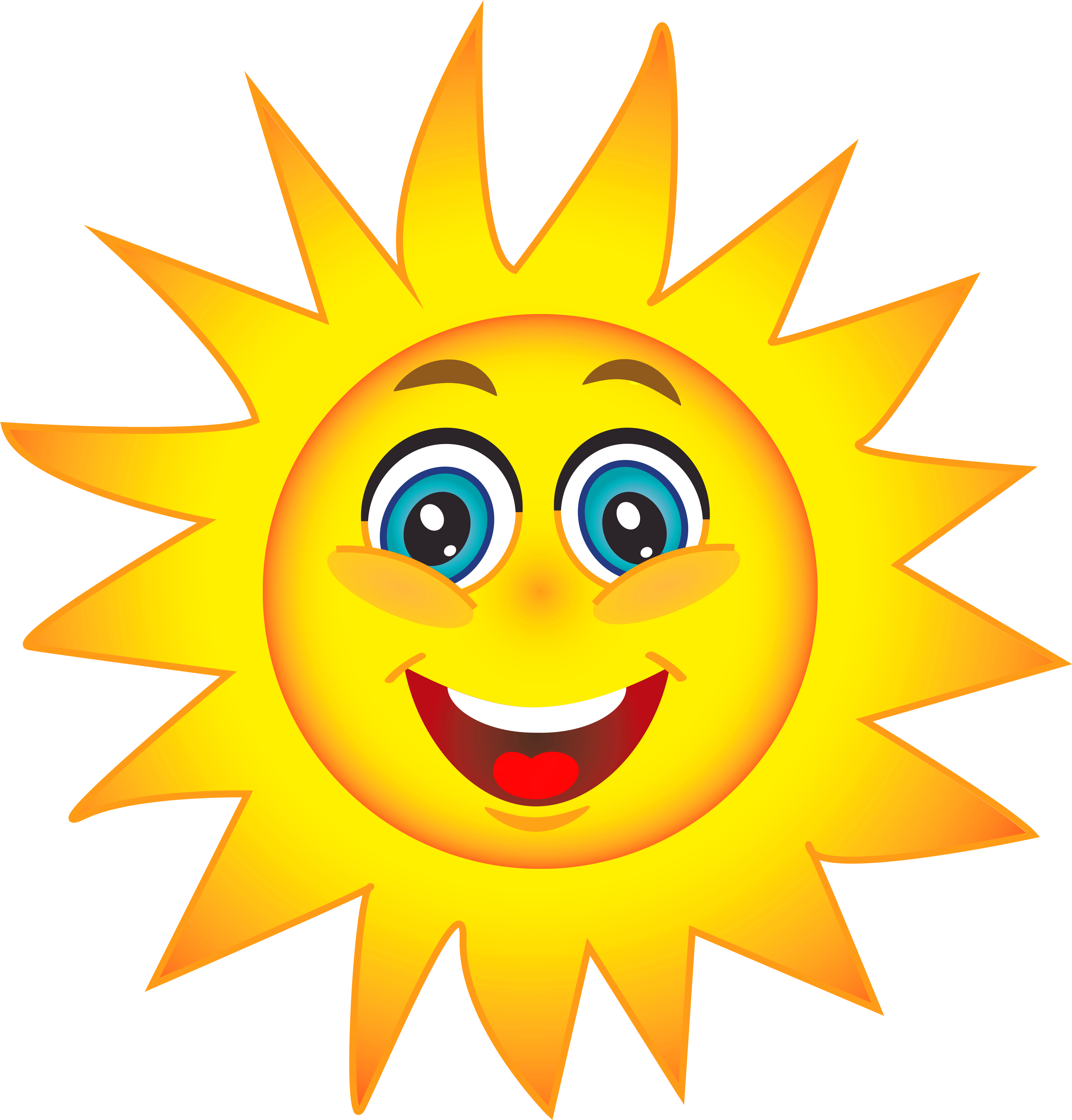 Cheerful cartoon sun with smiling face, blue eyes, and bright yellow rays against black background.