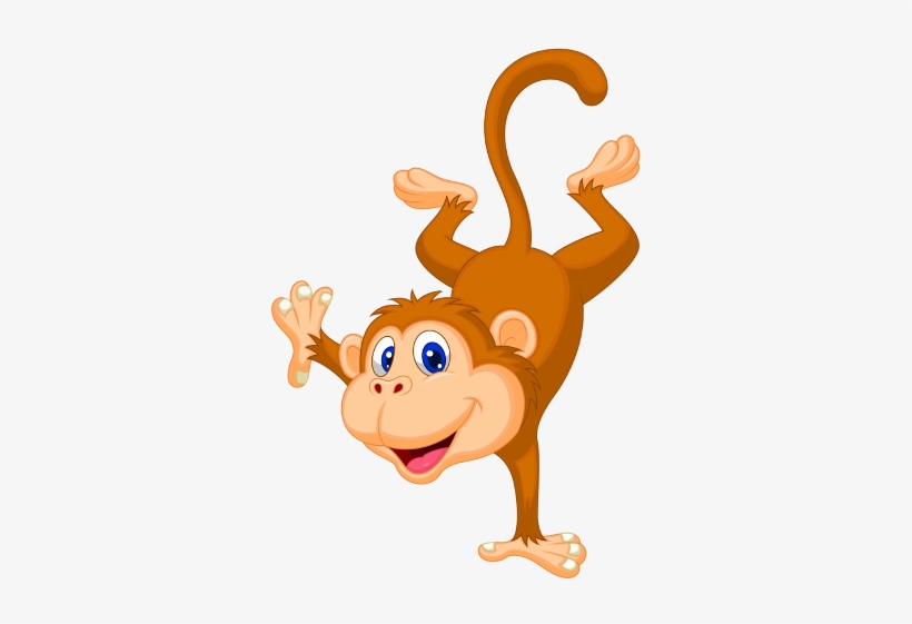 Cheerful cartoon monkey hanging upside down with a big smile and waving hand.
