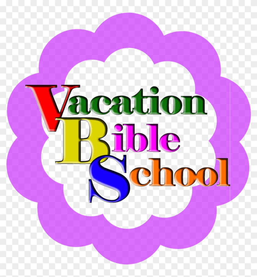 Colorful "Vacation Bible School" logo with rainbow letters inside a purple cloud-shaped border.