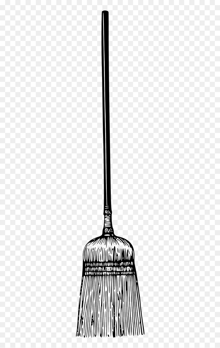 Black-and-white line drawing of a traditional broom with long handle and bristle head on transparent background.