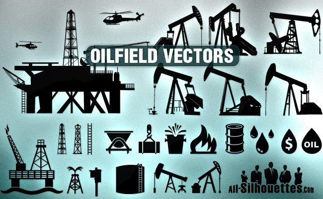 Collection of oilfield vector silhouettes including pumpjacks, rigs, helicopters, barrels, and industry symbols.