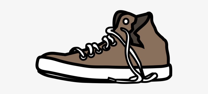 Brown high-top sneaker with white laces and sole, illustrated in simple line art style.
