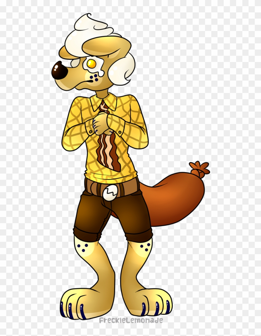 Anthropomorphic dog character with egg on face, wearing yellow plaid shirt, bacon tie, and sausage tail.