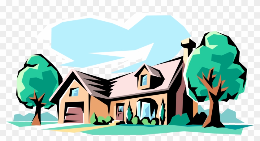 Colorful cartoon-style suburban house with trees, garage, and blue sky.