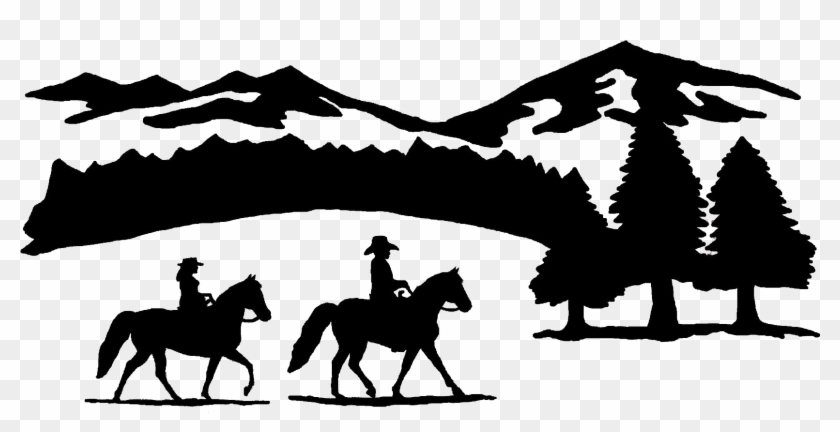 Silhouette of two cowboys on horseback riding through a mountainous forest landscape.