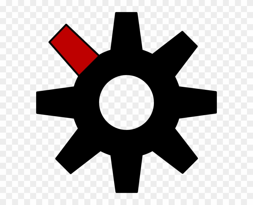 Black gear icon with one red tooth, symbolizing settings, configuration, or system control.