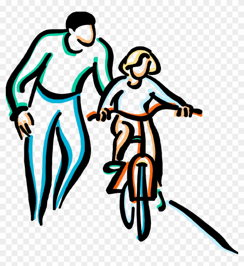 A stylized illustration of an adult helping a child learn to ride a bicycle, with bold outlines and vibrant colors.