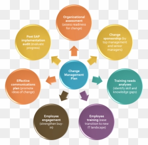 Circular diagram illustrating key components of a Change Management Plan, including training needs, employee engagement, and organizational assessment.